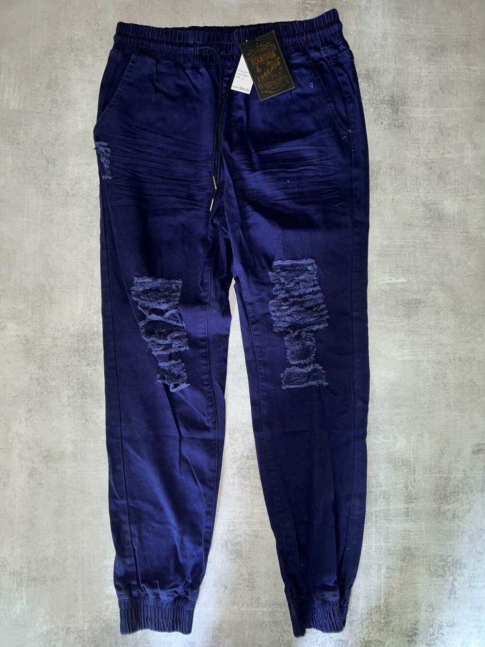 Diamonds & Threads Men's Navy Blue Distressed Jogger Pants with Drawstring Waist